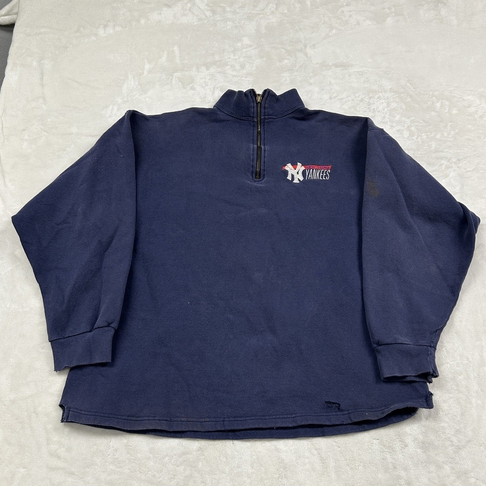Starter Quarter Zip Sweatshirt Mens Medium Navy NY Yankees Vintage Distressed
